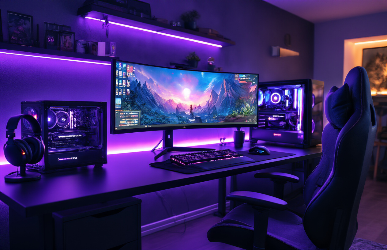 Create a realistic image of an ideal gaming setup in a modern room featuring a curved ultrawide gaming monitor displaying vibrant game graphics, a high-end gaming PC with RGB lighting, mechanical keyboard, gaming mouse, comfortable ergonomic gaming chair, multiple monitors mounted on arms, LED strip lighting creating ambient purple and blue lighting around the desk area, gaming headset on a stand, sleek black desk setup, soft ambient room lighting, clean organized cables, gaming accessories neatly arranged, modern interior background with dark walls, creating an immersive and professional gaming atmosphere, shot from a three-quarter angle showing the complete setup, absolutely NO text should be in the scene.