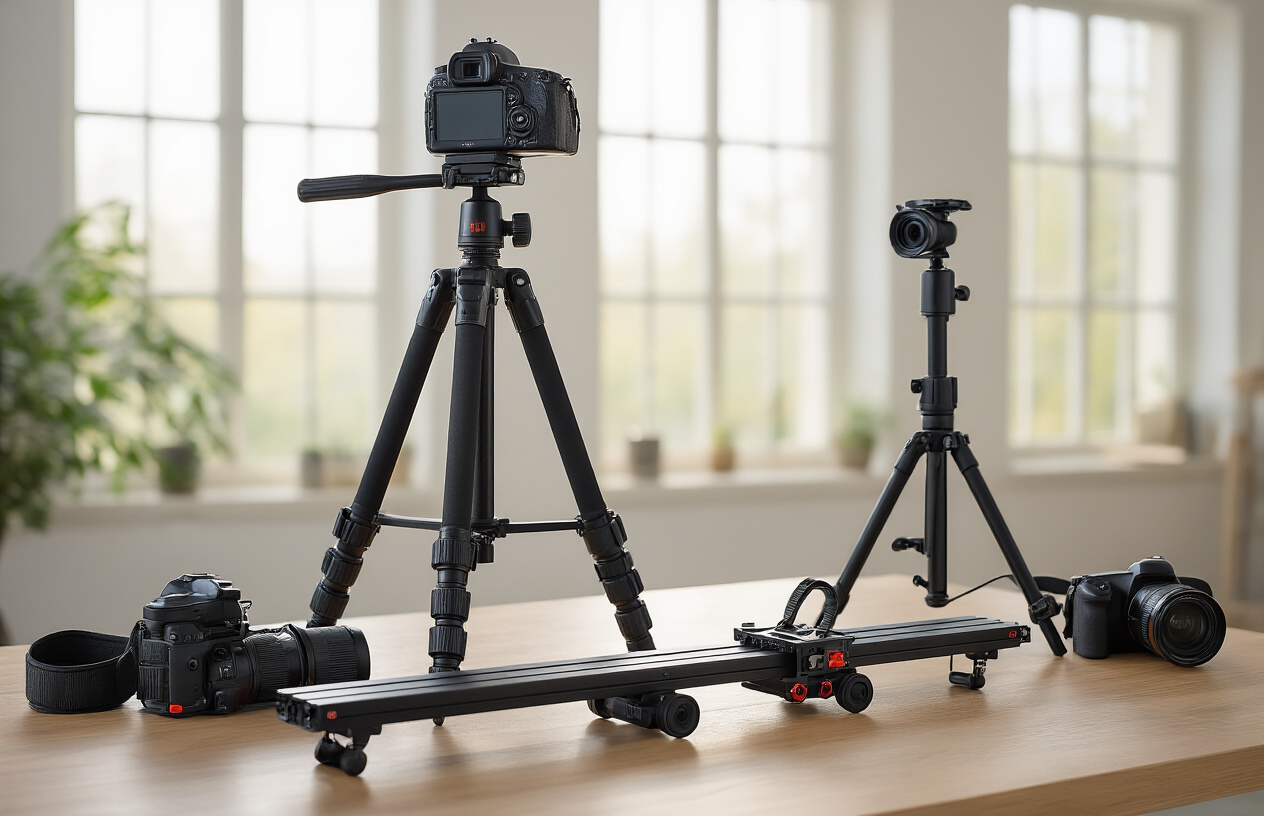 Create a realistic image of essential camera support equipment including a professional tripod with adjustable legs, a camera slider rail system, a gimbal stabilizer, and a monopod arranged on a clean wooden table in a well-lit photography studio with soft natural lighting coming from large windows in the background, creating a professional and organized workspace atmosphere. Absolutely NO text should be in the scene.