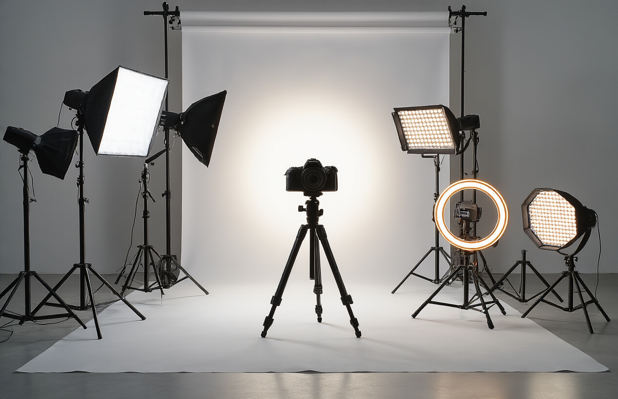 Create a realistic image of a professional photography setup showcasing various lighting equipment including softbox lights, LED panels, ring lights, and light reflectors arranged around a camera on a tripod, with dramatic before-and-after lighting effects visible on a subject or object being photographed, set in a modern studio environment with clean white backdrop, emphasizing the transformative power of proper lighting gear for photographers and content creators, absolutely NO text should be in the scene.