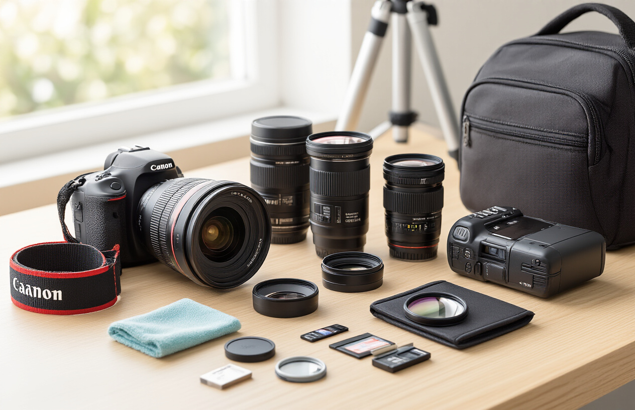 Create a realistic image of essential camera accessories neatly arranged on a clean wooden desk surface, featuring a professional DSLR camera lens, camera strap, lens filters in circular cases, a camera battery grip, memory cards, lens cleaning kit with microfiber cloth, a sturdy tripod partially visible in the frame, and a camera bag, all displayed in organized groups with soft natural lighting from a nearby window creating gentle shadows, shot from a slightly elevated angle to showcase all accessories clearly, with a minimalist photography studio background, Absolutely NO text should be in the scene.