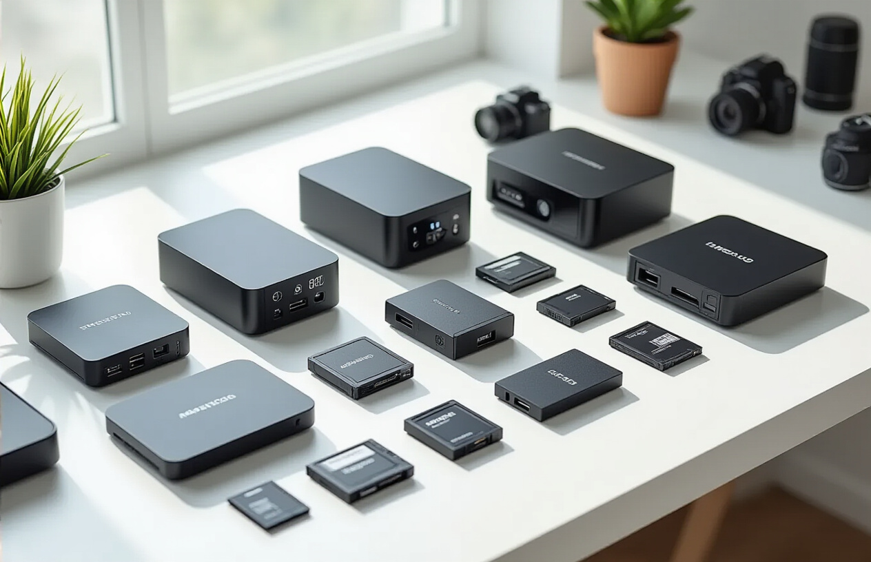 Create a realistic image of professional photography storage and transfer equipment arranged on a clean white desk, featuring external hard drives, SSD drives, memory card readers, USB-C hubs, and various memory cards (SD, CF, XQD) scattered artistically around the devices, with soft natural lighting from a window creating gentle shadows, and a modern minimalist background with a few camera accessories visible in the distance, absolutely NO text should be in the scene.