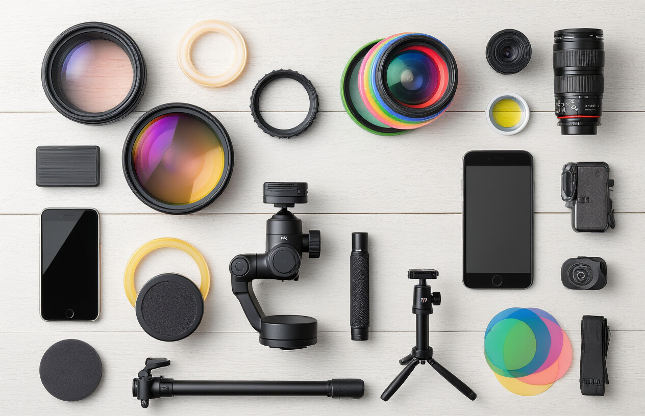 Create a realistic image of an overhead flat lay arrangement of creative photography enhancement gadgets including colorful lens filters, a ring light, LED panel lights, a smartphone gimbal stabilizer, colored gels, a reflector disc, and a portable tripod, all neatly organized on a clean white wooden desk surface with soft natural lighting from above creating gentle shadows, Absolutely NO text should be in the scene.