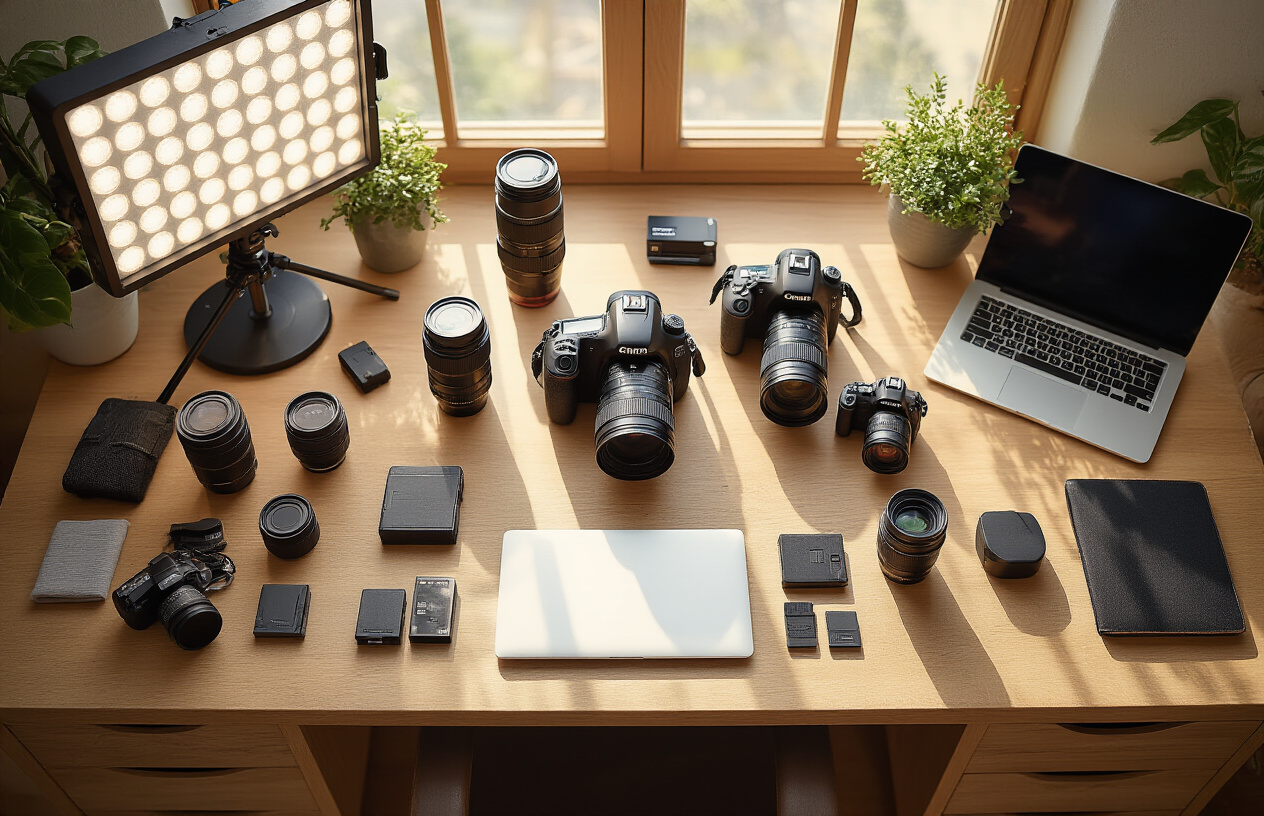 Create a realistic image of a well-organized photography workspace from above showing an array of professional photography gadgets neatly arranged on a clean wooden desk surface, including a DSLR camera with lens, tripod legs visible at the edge, LED panel lights, camera batteries, memory cards, lens filters, a wireless remote, cable releases, and a laptop computer, all bathed in soft natural lighting from a nearby window creating gentle shadows, with a warm and inspiring creative atmosphere that suggests completion and mastery of photography tools, absolutely NO text should be in the scene.