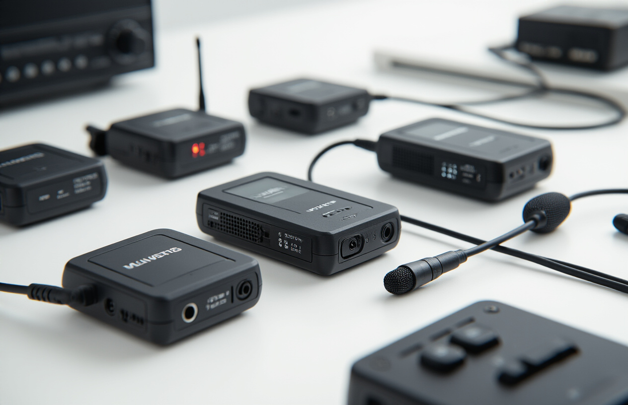 Create a realistic image of a close-up product shot featuring multiple wireless lavalier microphones with their receivers and transmitters arranged on a clean white surface, showcasing key components like compact transmitter packs, small clip-on microphone capsules, wireless receivers with LED indicators, and connecting cables, with soft professional lighting highlighting the technical details and build quality of the microphones, shot from a slightly elevated angle to display the essential features clearly, with a minimalist background that emphasizes the professional audio equipment, absolutely NO text should be in the scene.