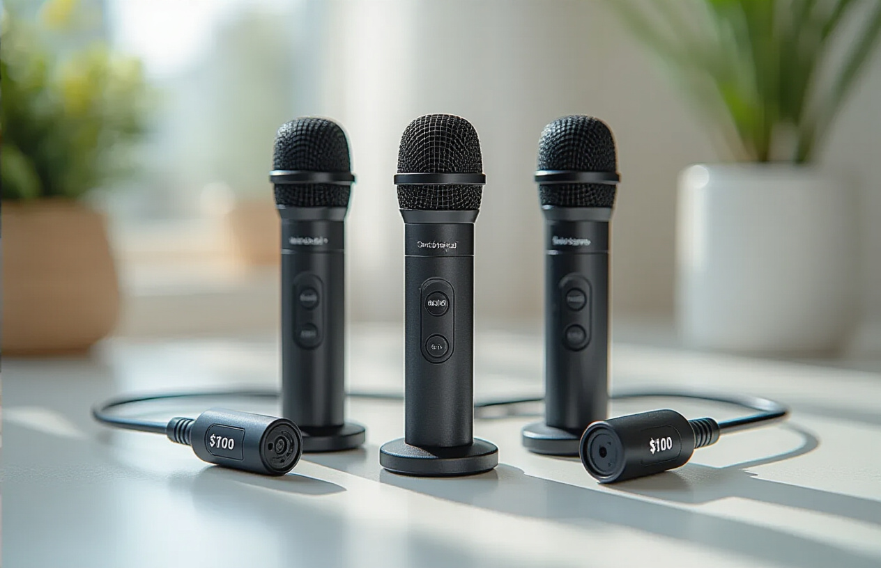 Create a realistic image of three to four different wireless lavalier microphones arranged on a clean white surface, each microphone showing its small clip-on design and wireless transmitter pack, with price tags displaying amounts under $100 visible near each microphone, soft studio lighting creating gentle shadows, professional product photography style background that's minimally styled, warm and inviting atmosphere suggesting affordability and quality, absolutely NO text should be in the scene.