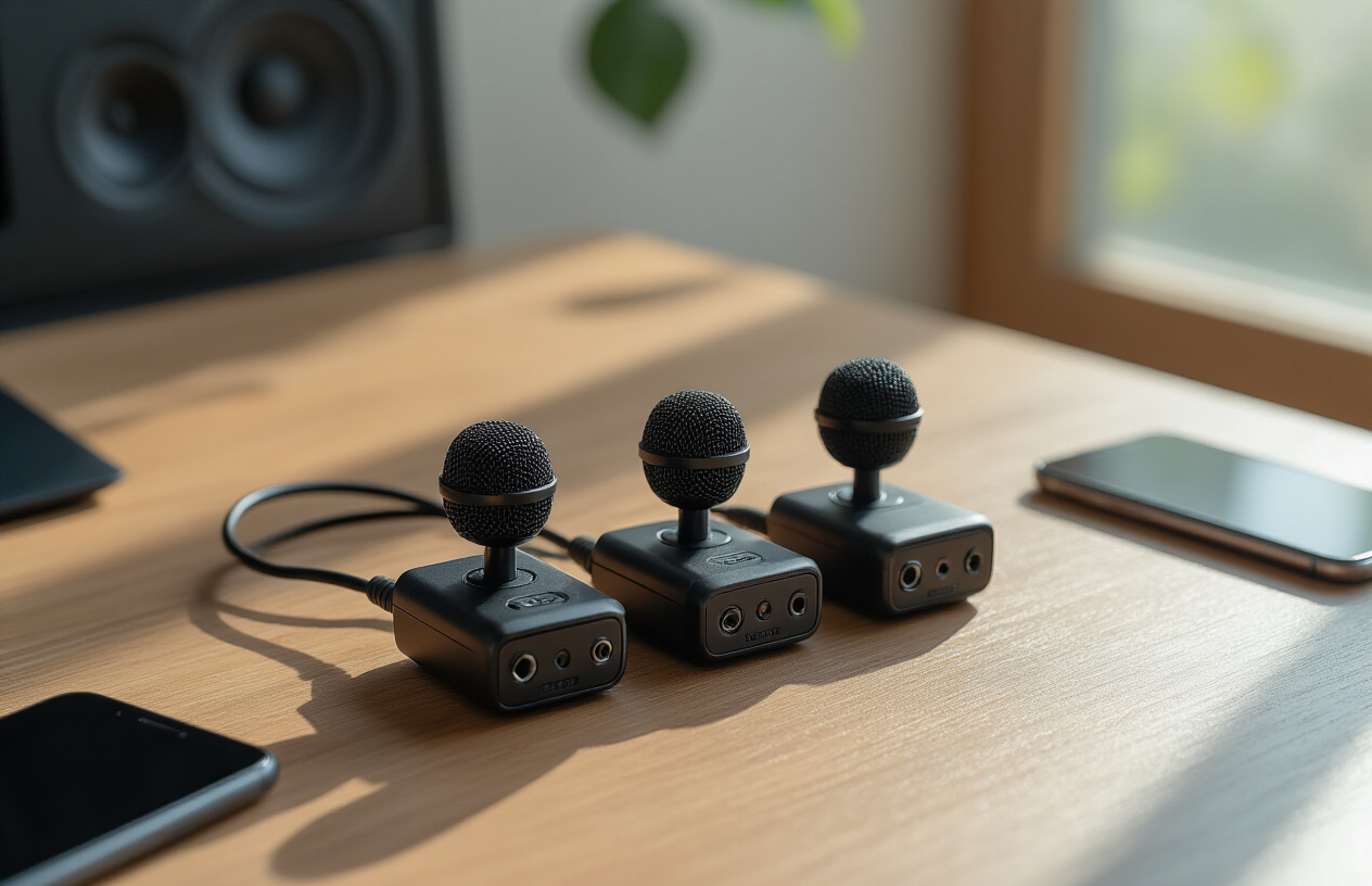 Create a realistic image of three wireless lavalier microphones arranged on a modern wooden desk surface, featuring mid-range quality devices with small transmitter packs, thin black cables, and compact clip-on microphone capsules, surrounded by subtle audio equipment accessories like foam windscreens and a smartphone, with soft natural lighting from a window creating gentle shadows, professional studio environment in the background slightly blurred, clean and organized workspace setting conveying quality and performance, warm ambient lighting highlighting the metallic and plastic textures of the microphones, absolutely NO text should be in the scene.