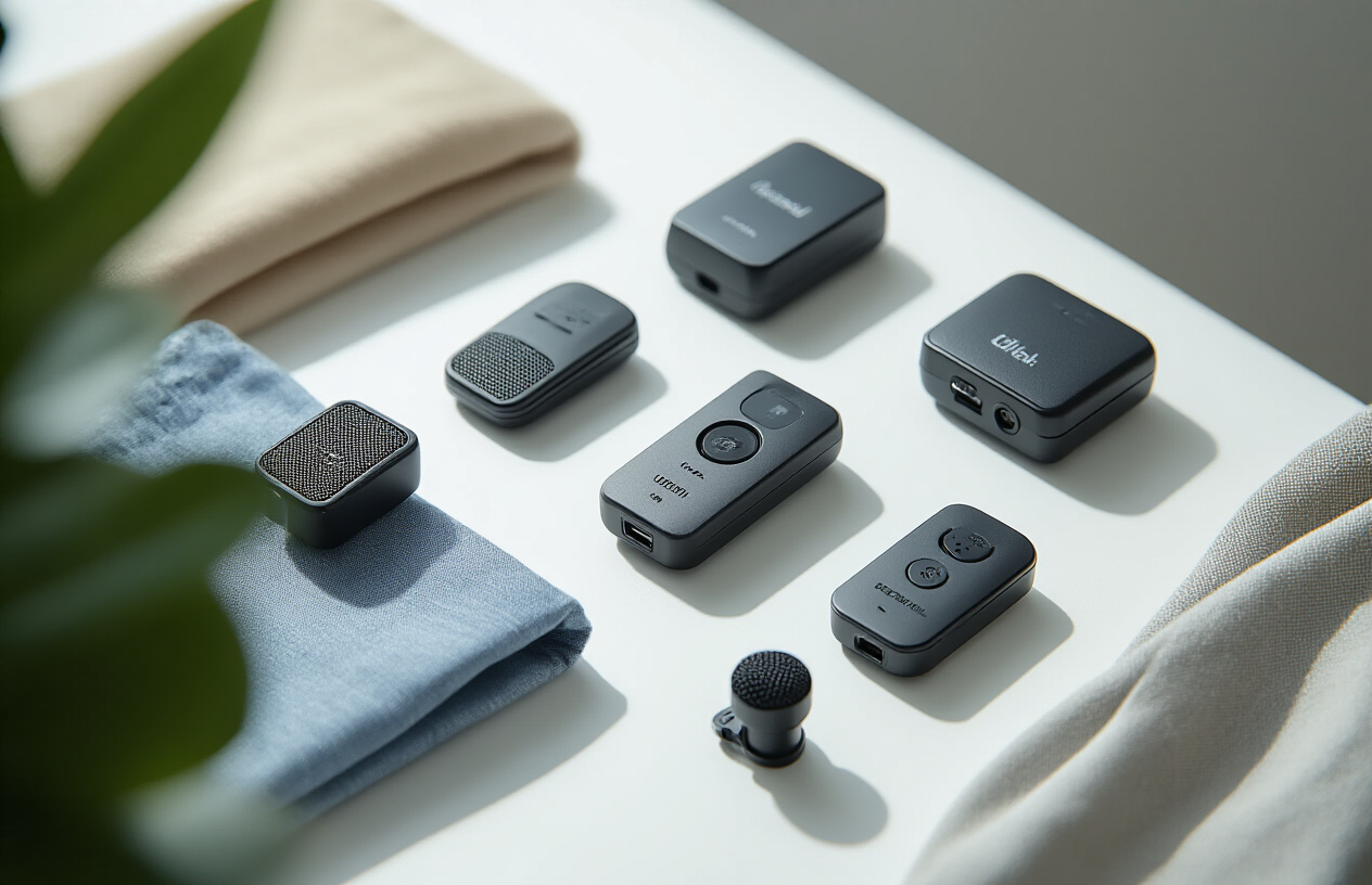 Create a realistic image of several affordable wireless lavalier microphones displayed on a clean white surface, showing different models with their compact transmitters and small clip-on mic capsules, some attached to clothing fabric samples, with soft natural lighting creating gentle shadows, professional product photography style setup with a minimalist background, emphasizing the compact and budget-friendly nature of the equipment, absolutely NO text should be in the scene.