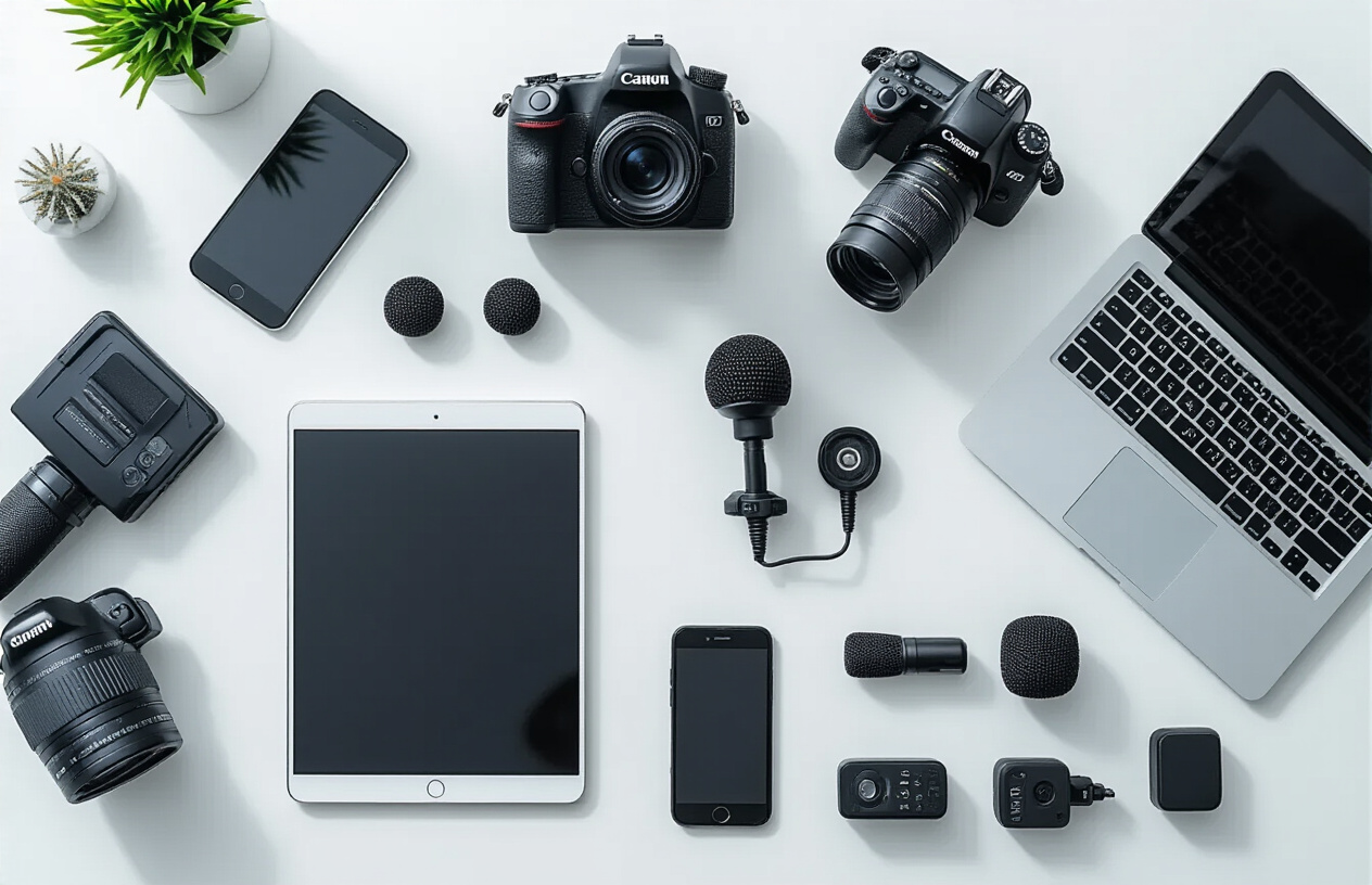 Create a realistic image of various electronic devices laid out on a clean white desk including a smartphone, tablet, laptop computer, DSLR camera, and video recorder, with several small wireless lavalier microphones positioned nearby showing different connector types and wireless receivers, shot from above in bright natural lighting with soft shadows, displaying the concept of audio equipment compatibility across multiple platforms and devices, absolutely NO text should be in the scene.