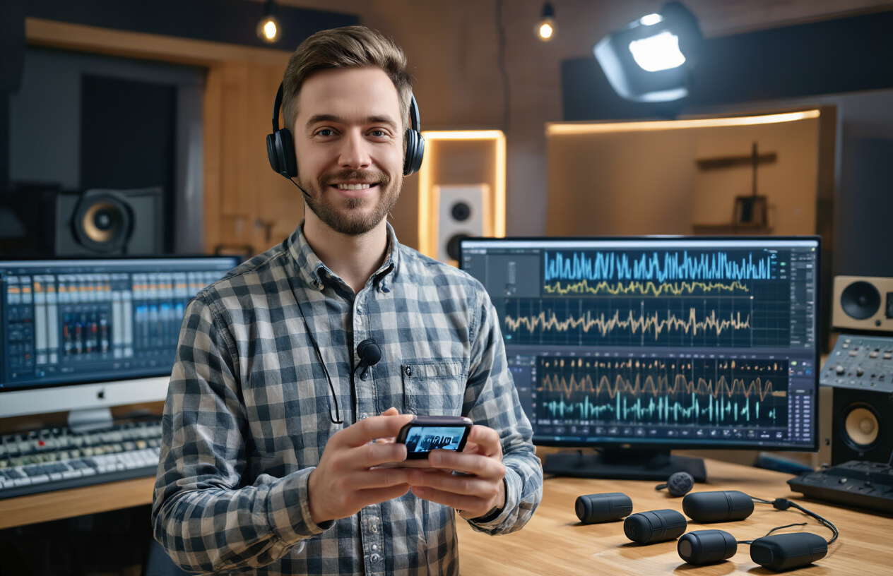 Create a realistic image of a white male content creator wearing a small wireless lavalier microphone clipped to his shirt collar, standing in a modern recording studio with audio equipment visible in the background, holding a smartphone showing audio waveforms, with multiple different wireless lavalier microphones arranged on a wooden table beside him, soft professional lighting illuminating the scene, creating a testing and evaluation atmosphere. Absolutely NO text should be in the scene.