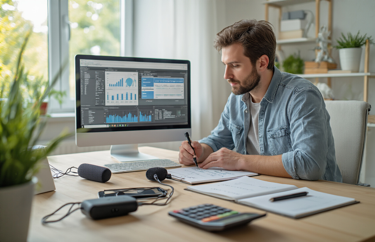 Create a realistic image of a white male content creator sitting at a modern desk comparing multiple wireless lavalier microphones laid out in front of him, with a laptop displaying comparison charts, a notepad with written notes, and a calculator nearby, surrounded by a clean, well-lit home office environment with soft natural lighting from a window, conveying a thoughtful decision-making atmosphere, absolutely NO text should be in the scene.