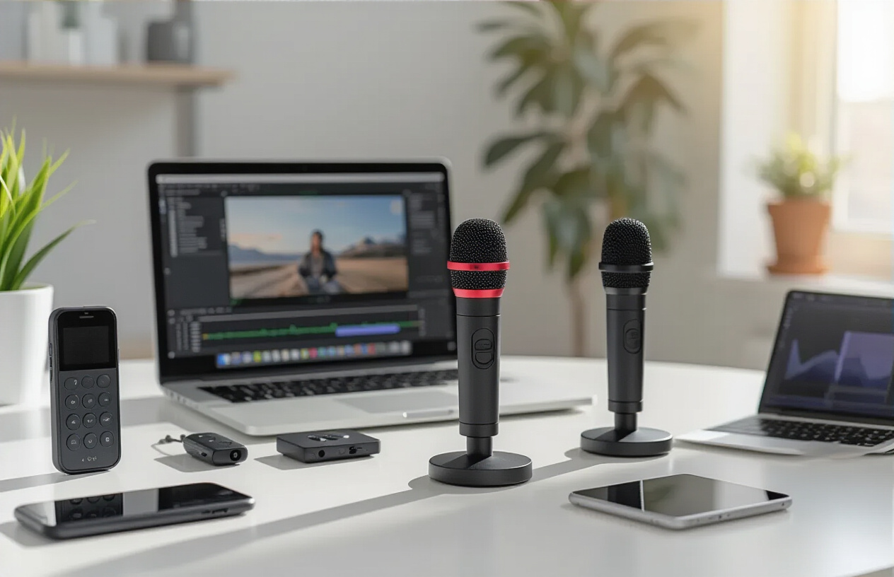 Create a realistic image of a modern workspace desk setup featuring three different wireless lavalier microphones of varying sizes and colors arranged prominently in the foreground, with small wireless transmitters and receivers positioned nearby, a laptop computer open in the background showing a blurred video editing interface, smartphone and tablet devices placed on the side, soft natural lighting from a window creating gentle shadows, clean white or light gray background with minimal clutter, professional yet approachable atmosphere suggesting a final decision-making moment, warm ambient lighting that highlights the microphone details and creates a sense of conclusion and satisfaction. Absolutely NO text should be in the scene.