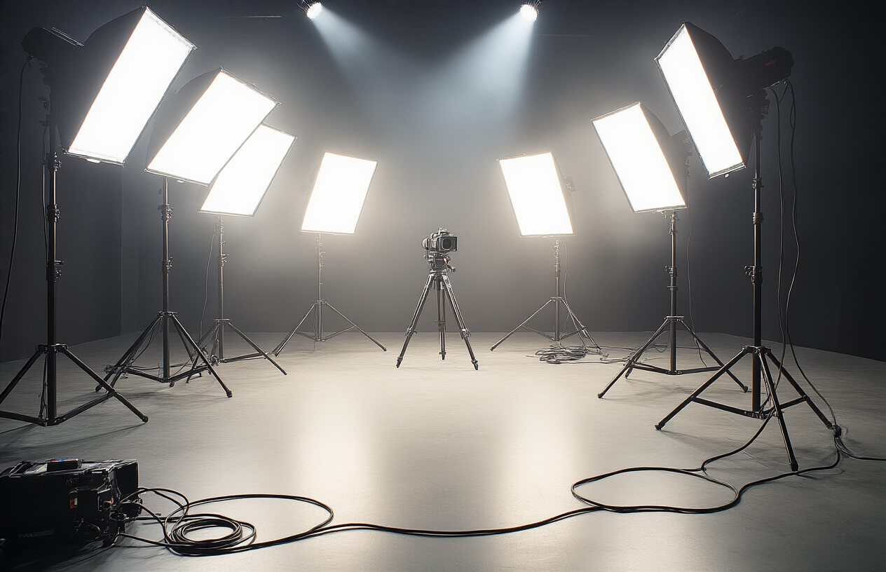 Create a realistic image of professional key lighting equipment setup for video production, featuring multiple LED panel lights on adjustable stands positioned around a filming area, with softboxes and diffusers attached to the lights, barn doors controlling light direction, a professional video camera on a tripod in the background, all arranged in a modern studio environment with dark walls, the key lights creating dramatic directional lighting with visible light beams cutting through slight atmospheric haze, professional grade cables and power distribution visible on the floor, the scene emphasizing the technical precision and quality of professional video lighting equipment, absolutely NO text should be in the scene.