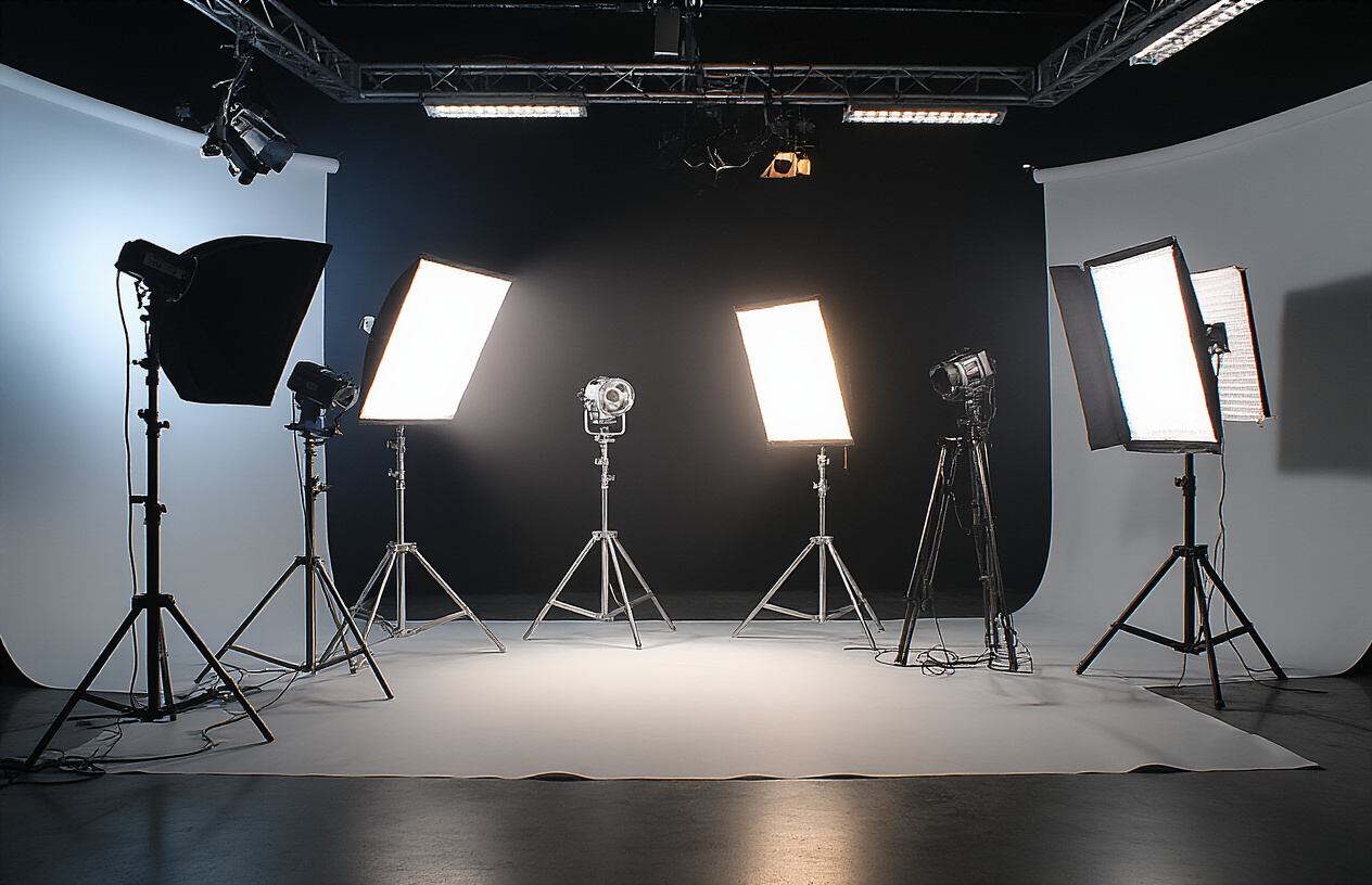 Create a realistic image of a professional video lighting setup demonstrating fill light techniques, showing a main key light creating shadows on one side of a subject and multiple fill light options including softboxes, LED panels, and reflectors positioned to eliminate harsh shadows, with the lighting equipment clearly visible in a studio environment with dark background, emphasizing the contrast between harsh and soft lighting effects. Absolutely NO text should be in the scene.