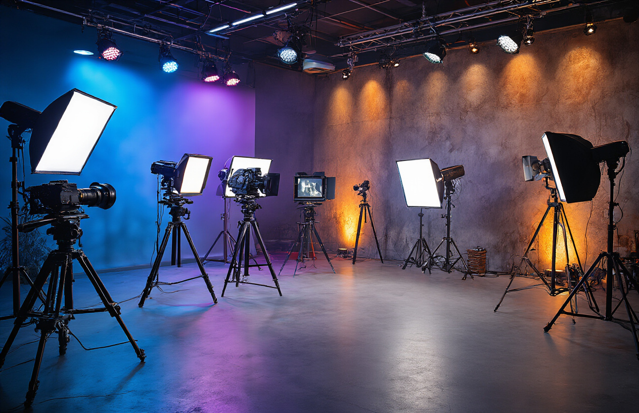 Create a realistic image of a professional video production studio setup showcasing background and accent lighting techniques, featuring multiple colored LED panels casting blue and purple hues on the backdrop, key lights with softboxes positioned at angles, practical accent lights creating depth and separation, professional video cameras on tripods, light stands with various modifiers, a textured background wall with dramatic lighting gradients, and warm accent lighting highlighting the edges of equipment, all arranged to demonstrate advanced lighting setup methods in a clean studio environment, absolutely NO text should be in the scene.
