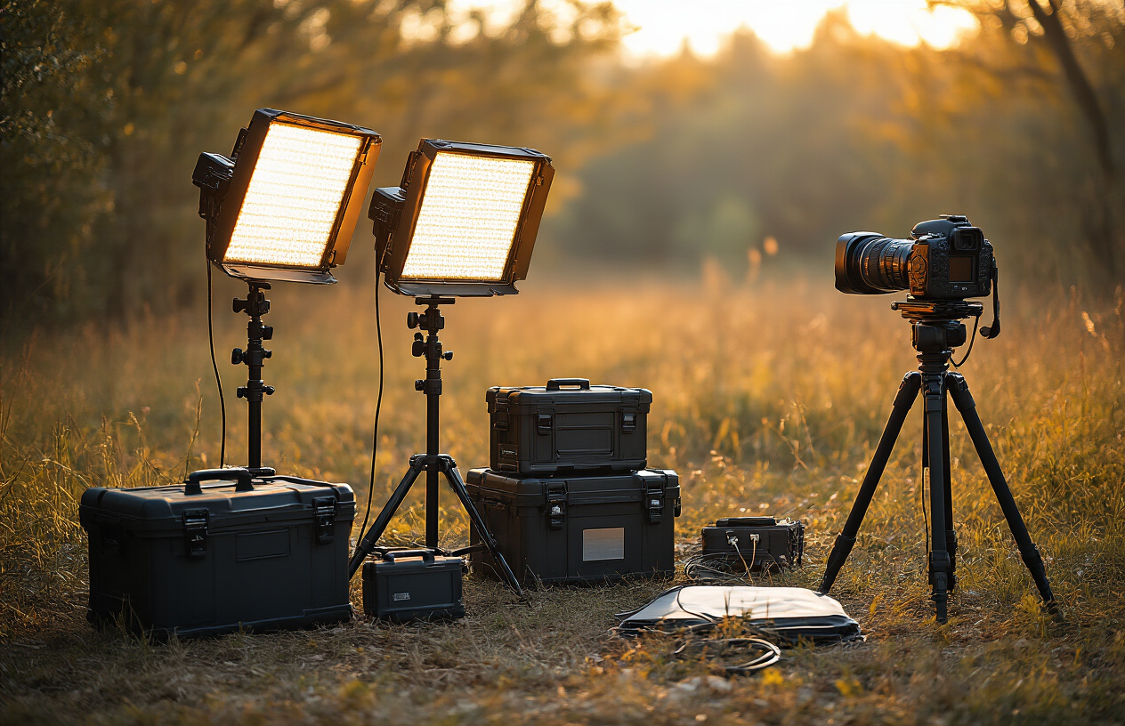 Create a realistic image of portable video lighting equipment arranged on location outdoors, featuring compact LED panels, battery-powered softbox lights, and collapsible reflectors set up near a camera on a tripod, with a natural outdoor background of trees and grass, professional filmmaking atmosphere with warm golden hour lighting, equipment cases and cables visible on the ground, showing a mobile video production setup ready for shooting, Absolutely NO text should be in the scene.