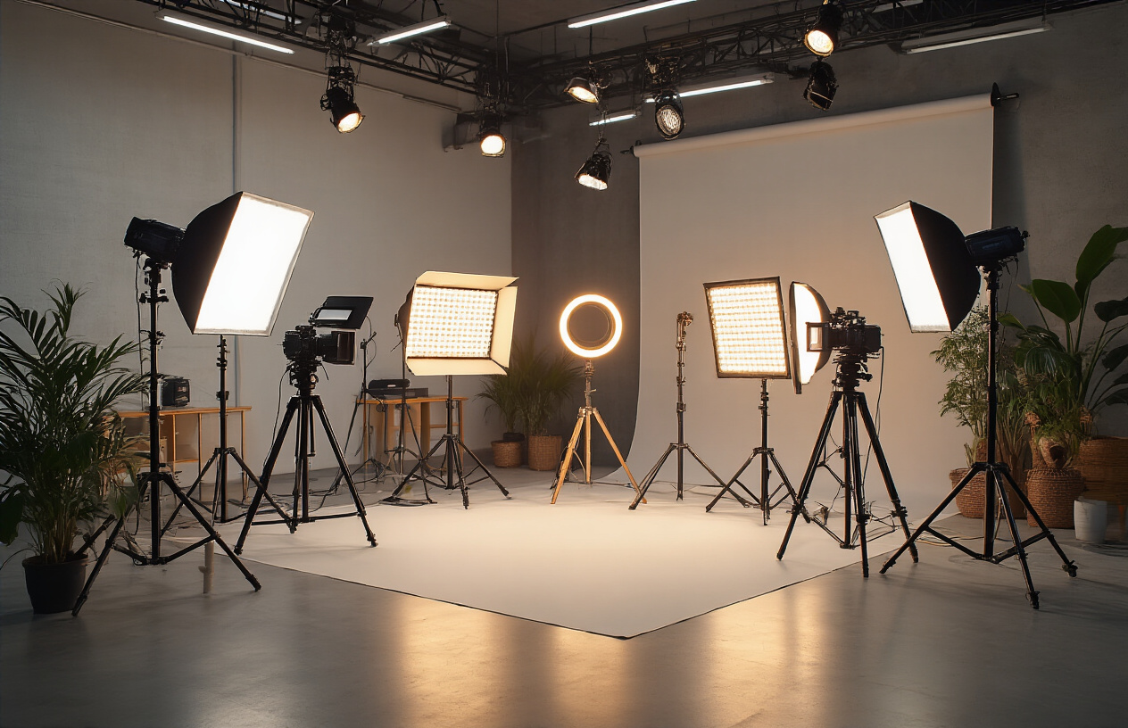 Create a realistic image of a professional video lighting setup showcasing multiple essential lighting equipment pieces arranged in a well-organized display, featuring a key light with softbox, fill lights, LED panels, ring lights, portable battery-powered lights, and light stands of various heights, all positioned around a central filming area with a camera on tripod, set against a clean modern studio background with subtle lighting that demonstrates the warm and cool lighting effects these tools create, creating an inspiring and professional atmosphere that represents the culmination of video lighting knowledge, absolutely NO text should be in the scene.