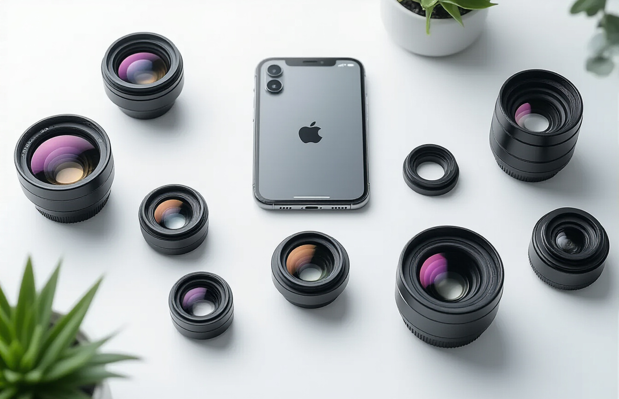 Create a realistic image of various smartphone lens attachments displayed on a clean white surface, including wide-angle, macro, fisheye, and telephoto lenses with their clips and mounting systems, alongside a modern smartphone showing the camera interface, with soft professional lighting highlighting the metallic and glass surfaces of the lenses, creating an organized tech product showcase atmosphere, absolutely NO text should be in the scene.