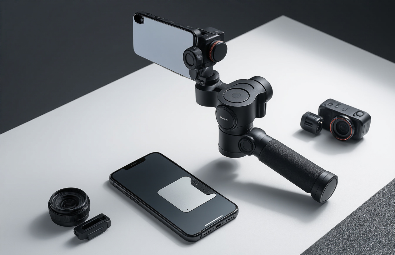 Create a realistic image of a professional smartphone gimbal stabilizer in action, with a sleek black three-axis handheld gimbal holding a modern smartphone, positioned on a clean white surface with soft studio lighting, showing the mechanical arms and motors of the stabilization system, alongside complementary smartphone camera accessories like lens attachments and a wireless remote control scattered nearby, captured with dramatic side lighting that highlights the metallic and plastic textures of the equipment, absolutely NO text should be in the scene.