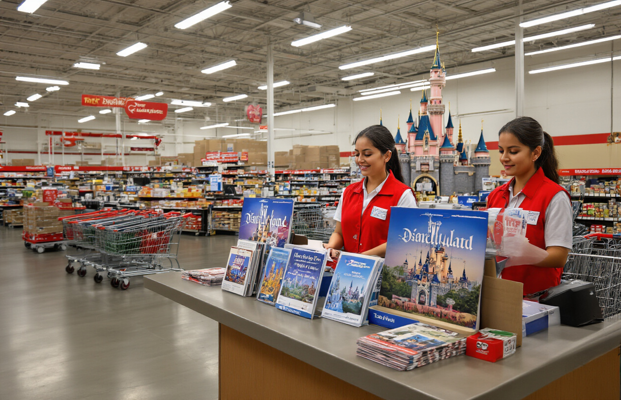 Create a realistic image of a Costco warehouse interior showing the customer service counter area with Disneyland ticket brochures and promotional materials displayed on the counter, featuring the iconic Disneyland castle logo on pamphlets, a white female Costco employee in red vest behind the counter, warm fluorescent lighting typical of warehouse stores, shopping carts visible in the background, and concrete floors with high industrial ceilings, absolutely NO text should be in the scene.