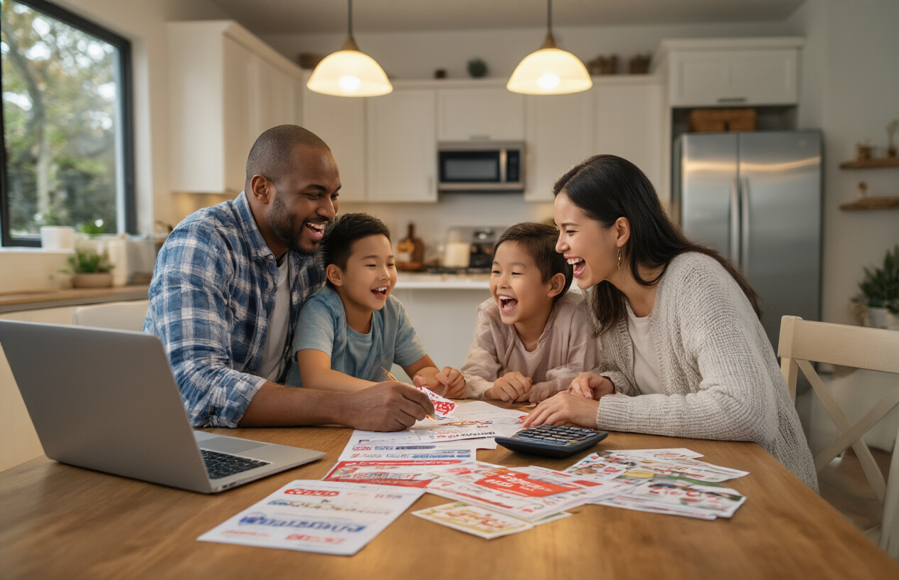 Create a realistic image of a diverse family of four (white father, Asian mother, and two children) sitting around a kitchen table with a laptop open, calculator, printed discount coupons, and Costco membership card visible on the table, while they plan their Disney vacation with excited expressions, warm indoor lighting from overhead pendant lights, cozy home kitchen background with modern appliances, conveying a mood of careful planning and anticipation for savings, absolutely NO text should be in the scene.