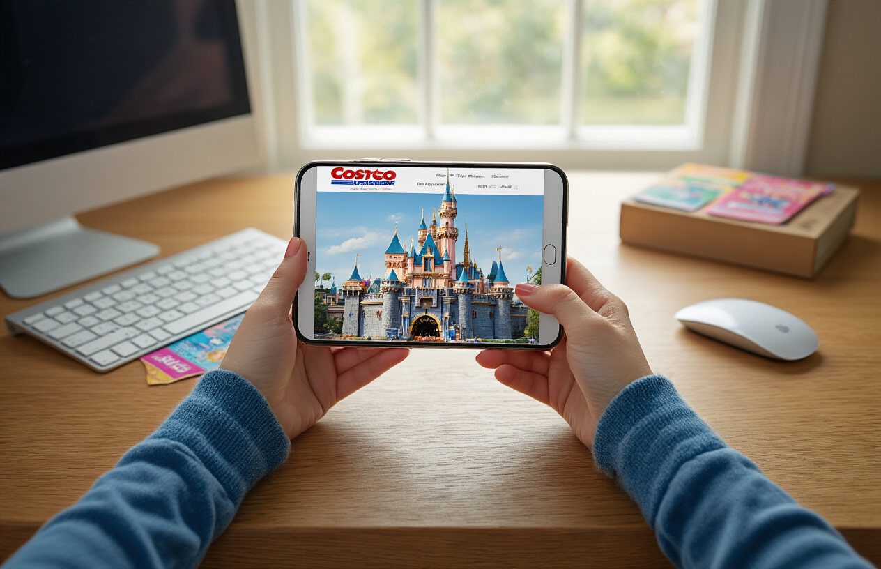 Create a realistic image of a white female's hands holding a smartphone displaying the Costco website on screen, with Disneyland castle logos visible on colorful ticket vouchers spread across a clean wooden desk surface, a computer keyboard and mouse positioned nearby, soft natural lighting from a window creating a bright productive workspace atmosphere, absolutely NO text should be in the scene.