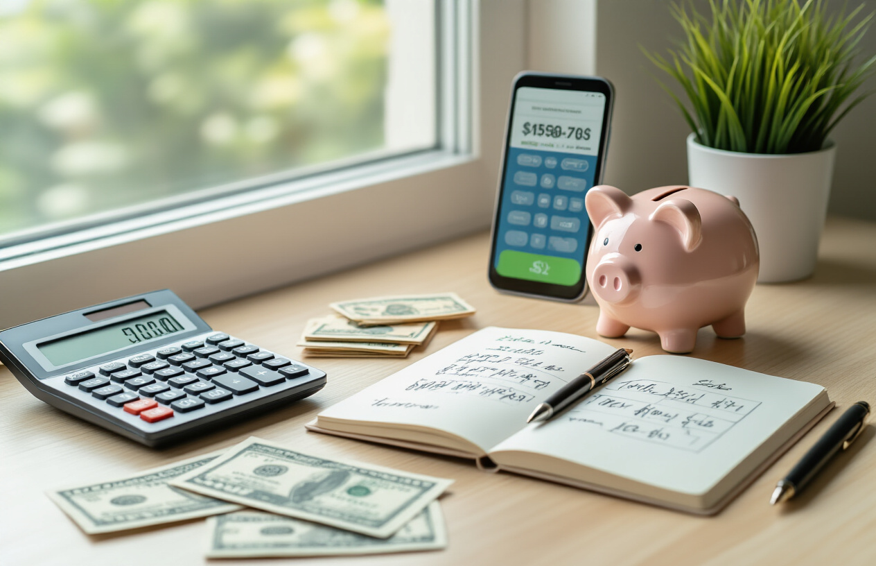 Create a realistic image of a clean, organized desk surface with a calculator, smartphone displaying a money-saving app, scattered discount coupons, a small piggy bank, and a pen next to an open notebook with handwritten budget calculations, all arranged on a light wooden desk with soft natural lighting from a nearby window, creating a focused and productive atmosphere for financial planning. Absolutely NO text should be in the scene.