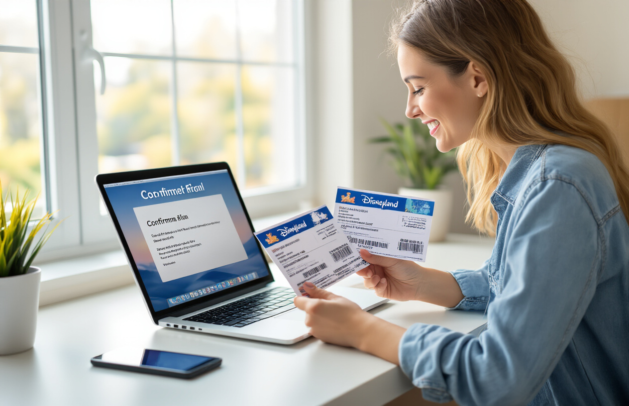 Create a realistic image of a white female sitting at a modern desk with a laptop open, looking at a confirmation email on the screen while holding printed Disneyland ticket vouchers in her hand, with a smartphone displaying a digital receipt nearby, set in a bright home office environment with natural lighting from a window, conveying satisfaction and anticipation for an upcoming Disney trip. Absolutely NO text should be in the scene.