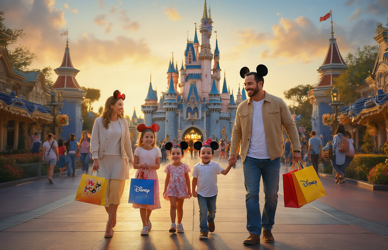 Create a realistic image of a happy white family of four (two parents and two children) walking through the iconic entrance of Disneyland with Sleeping Beauty Castle visible in the background, holding colorful Disney shopping bags and wearing Mickey Mouse ears, with the father holding what appears to be admission tickets in his hand, set during golden hour lighting with a warm, joyful atmosphere suggesting successful savings and a magical Disney experience ahead, surrounded by other diverse families in the background also entering the park, with vibrant Disney decorations and landscaping visible, absolutely NO text should be in the scene.