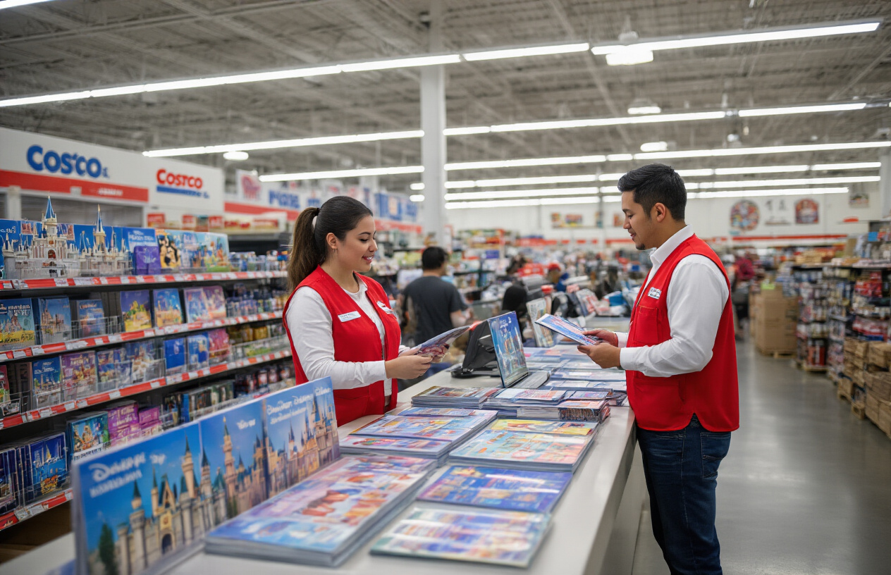 Create a realistic image of a Costco membership warehouse interior with a customer service desk area displaying colorful Disneyland ticket packages and brochures, featuring official Disney promotional materials with castle imagery and character graphics spread across the counter, while a white female Costco employee in red vest uniform assists a Hispanic male customer who is examining ticket options, with typical warehouse shelving and fluorescent lighting in the background creating a bright retail atmosphere, absolutely NO text should be in the scene.