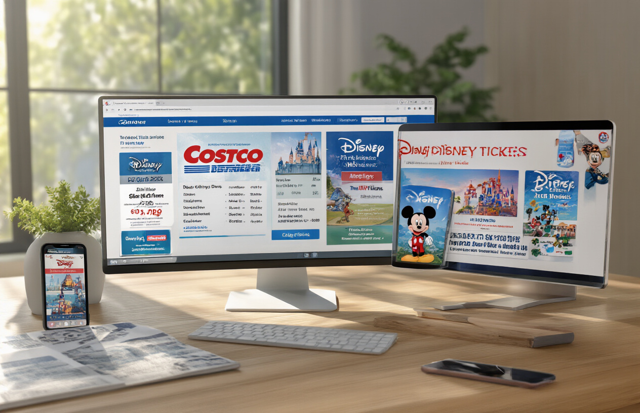 Create a realistic image of a split-screen comparison layout showing different ticket purchasing options, with a computer screen displaying the Costco website on one side and various other Disney ticket sources like the official Disney website, travel agency brochures, and mobile apps on smartphones and tablets on the other side, arranged on a clean wooden desk with soft natural lighting from a window, creating a bright and organized atmosphere for price comparison research, absolutely NO text should be in the scene.