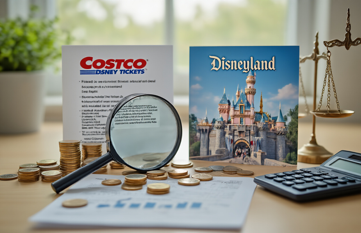 Create a realistic image of a split-screen comparison showing Costco Disney tickets on one side with a magnifying glass revealing fine print and restrictions, and on the other side showing regular Disneyland admission tickets with a price tag, set against a neutral office desk background with soft natural lighting from a window, featuring scattered coins and a calculator to emphasize cost analysis, with a subtle balance scale in the background symbolizing weighing pros and cons, absolutely NO text should be in the scene.