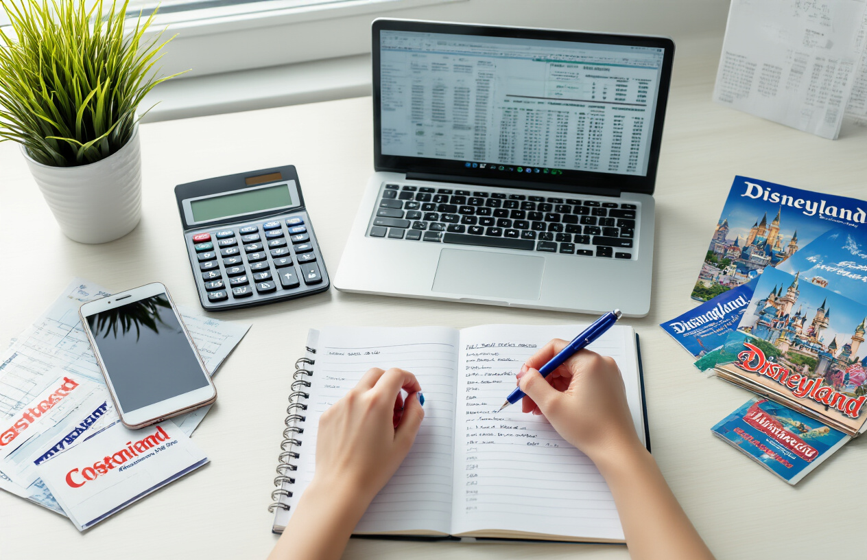 Create a realistic image of a bright, organized home office desk with a calculator, smartphone, and laptop computer displaying financial spreadsheets, surrounded by scattered Costco membership cards and colorful Disneyland brochures, with a white female's hands holding a pen while writing notes on a budget planning notebook, soft natural lighting from a nearby window creating a productive and focused atmosphere for financial planning, absolutely NO text should be in the scene.