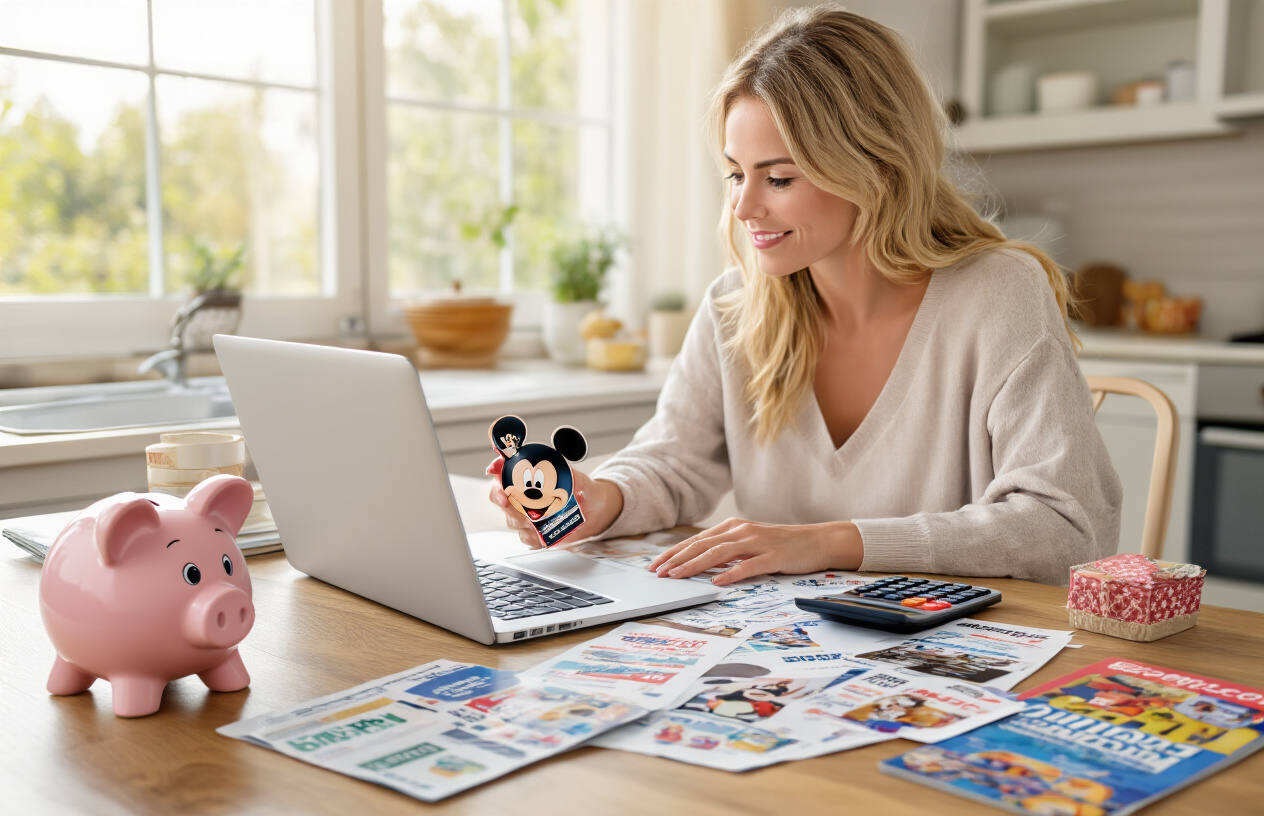 Create a realistic image of a family budget planning scene with Disney vacation savings concept, featuring a white female adult sitting at a kitchen table with a laptop open, scattered papers with printed discount coupons and promotional offers, a calculator, a smartphone displaying mobile apps, a piggy bank shaped like Mickey Mouse, colorful brochures spread across the table, warm natural lighting from a nearby window, cozy home environment with soft focus background, organized yet lived-in atmosphere suggesting careful financial planning, absolutely NO text should be in the scene.