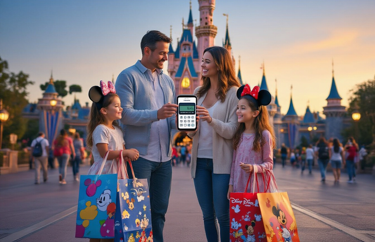 Create a realistic image of a family of four (two white adults and two children) standing in front of Sleeping Beauty Castle at Disneyland, with the father holding a smartphone displaying savings calculator results, colorful Disney-themed shopping bags at their feet, and Mickey Mouse ears on the children, set during golden hour lighting with other diverse families enjoying the park in the background, conveying a sense of joy and smart financial planning, absolutely NO text should be in the scene.
