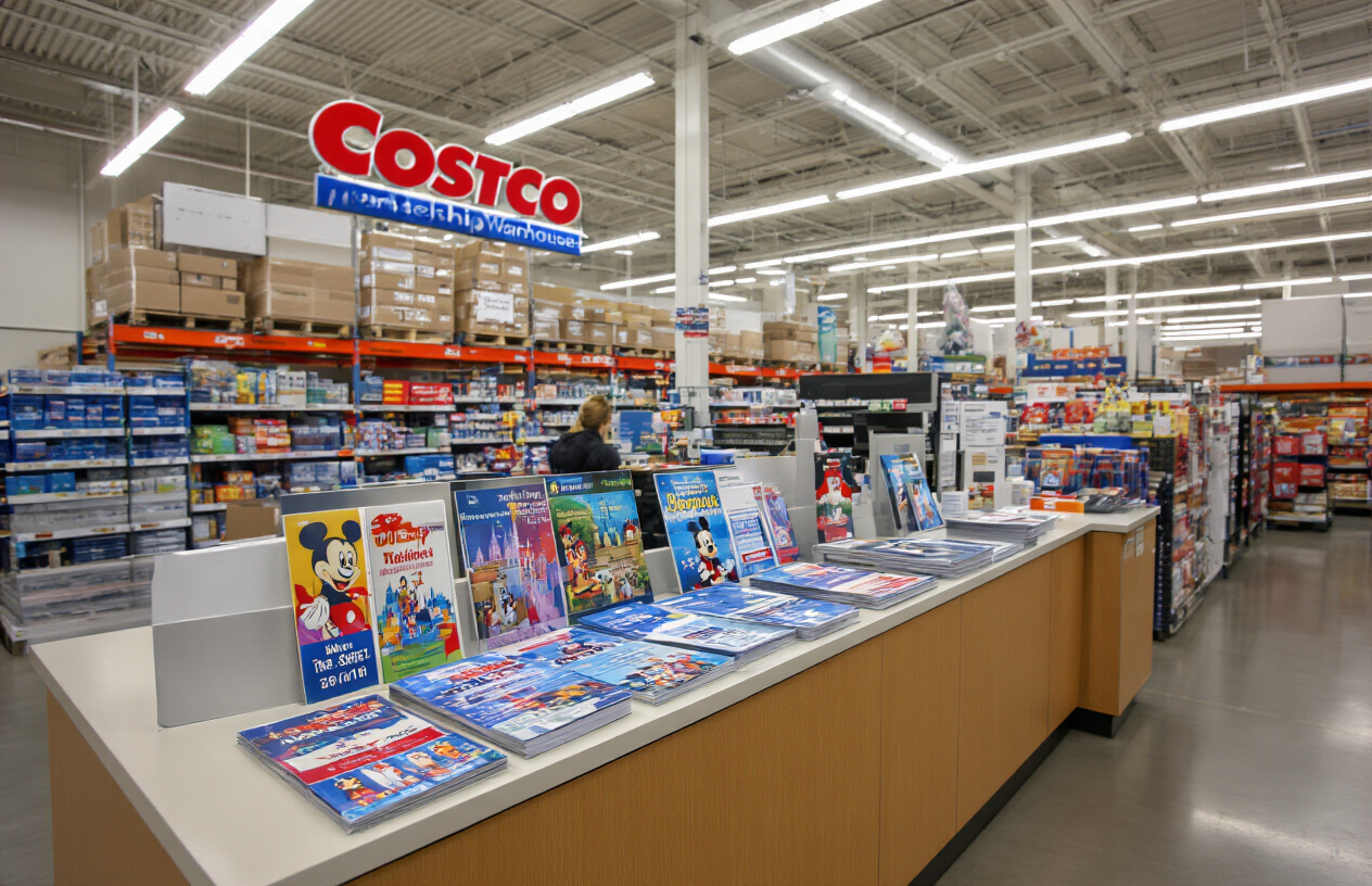 Create a realistic image of a Costco membership warehouse interior showing the customer service desk area with Disneyland ticket brochures and promotional materials displayed on the counter, featuring colorful Disney-themed pamphlets and ticket packages arranged neatly, with a clean modern retail environment, bright fluorescent lighting, and warehouse-style shelving visible in the background, captured from a customer's perspective approaching the service counter, maintaining a professional retail atmosphere with warm inviting lighting, absolutely NO text should be in the scene.