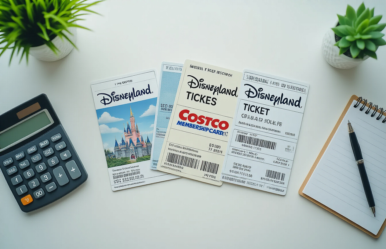 Create a realistic image of a clean white desk surface with multiple Disneyland ticket options laid out side by side for comparison, including a Costco membership card, official Disney park tickets, and tickets from various online vendors, with a calculator and notepad showing price calculations nearby, soft natural lighting from above, organized and neat arrangement suggesting careful price comparison research, absolutely NO text should be in the scene.