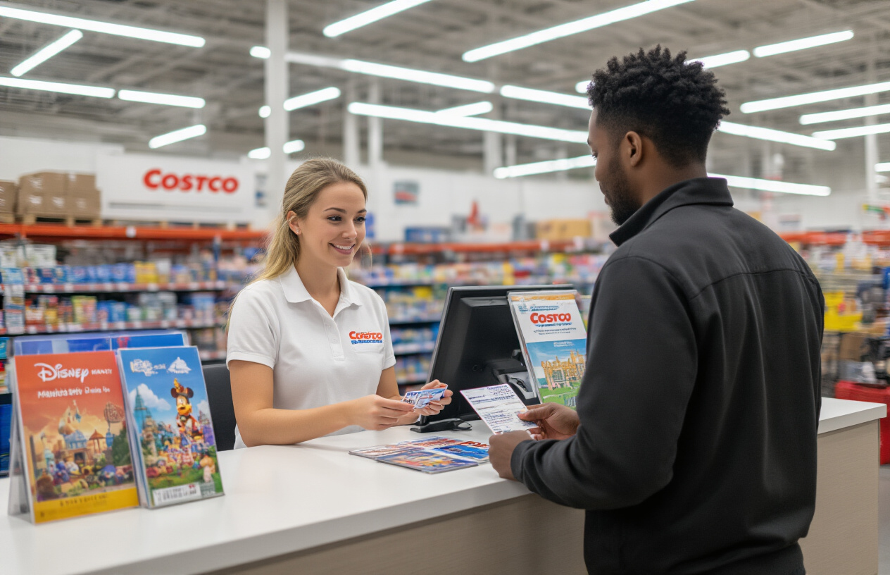 Create a realistic image of a clean, modern Costco customer service counter with a white female employee behind the desk helping a black male customer who is holding his Costco membership card, with colorful Disney theme park brochures and ticket information displays visible on the counter, bright fluorescent lighting overhead, and the typical warehouse retail environment in the background with high shelves, maintaining a helpful and professional atmosphere, absolutely NO text should be in the scene.