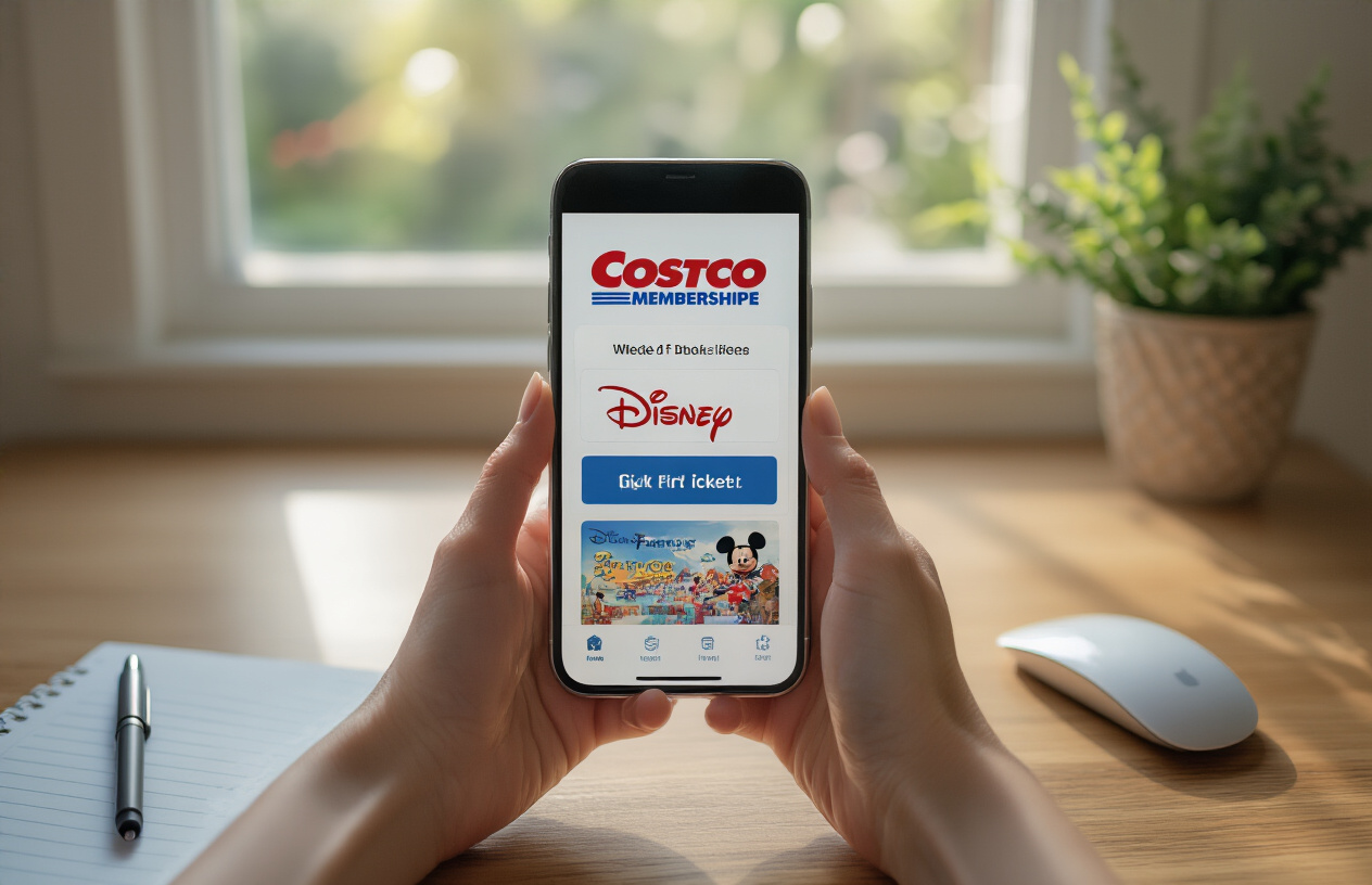 Create a realistic image of a white female's hands holding a smartphone displaying the Costco website interface with Disney ticket options visible on the screen, sitting at a clean wooden desk with a Costco membership card, computer mouse, and notepad with pen nearby, soft natural lighting from a window creating a warm and focused shopping atmosphere, absolutely NO text should be in the scene.