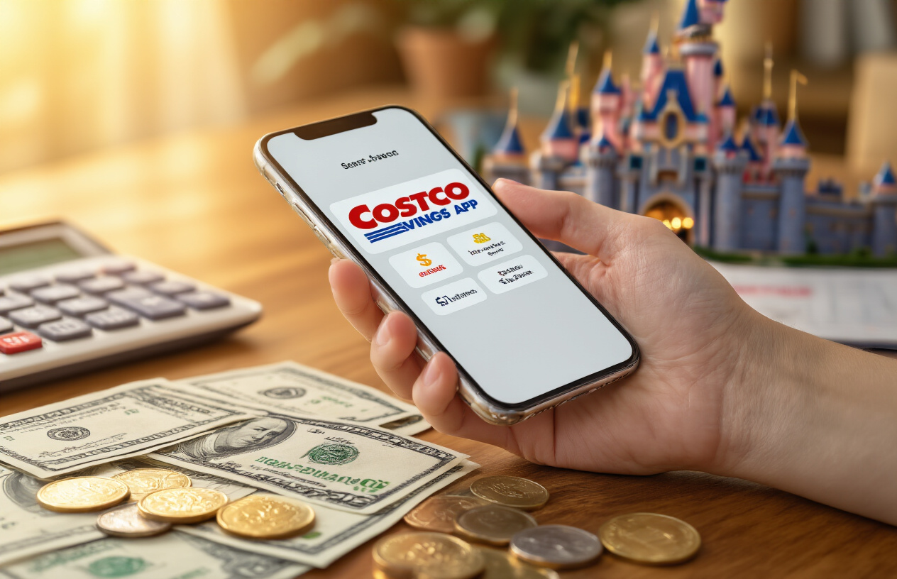 Create a realistic image of a white female hand holding a smartphone displaying the Costco app with visible savings and discount icons, surrounded by scattered dollar bills and coins on a wooden desk surface, with a partially visible Disneyland castle brochure and a calculator in the background, warm ambient lighting creating a cozy money-saving planning atmosphere, absolutely NO text should be in the scene.