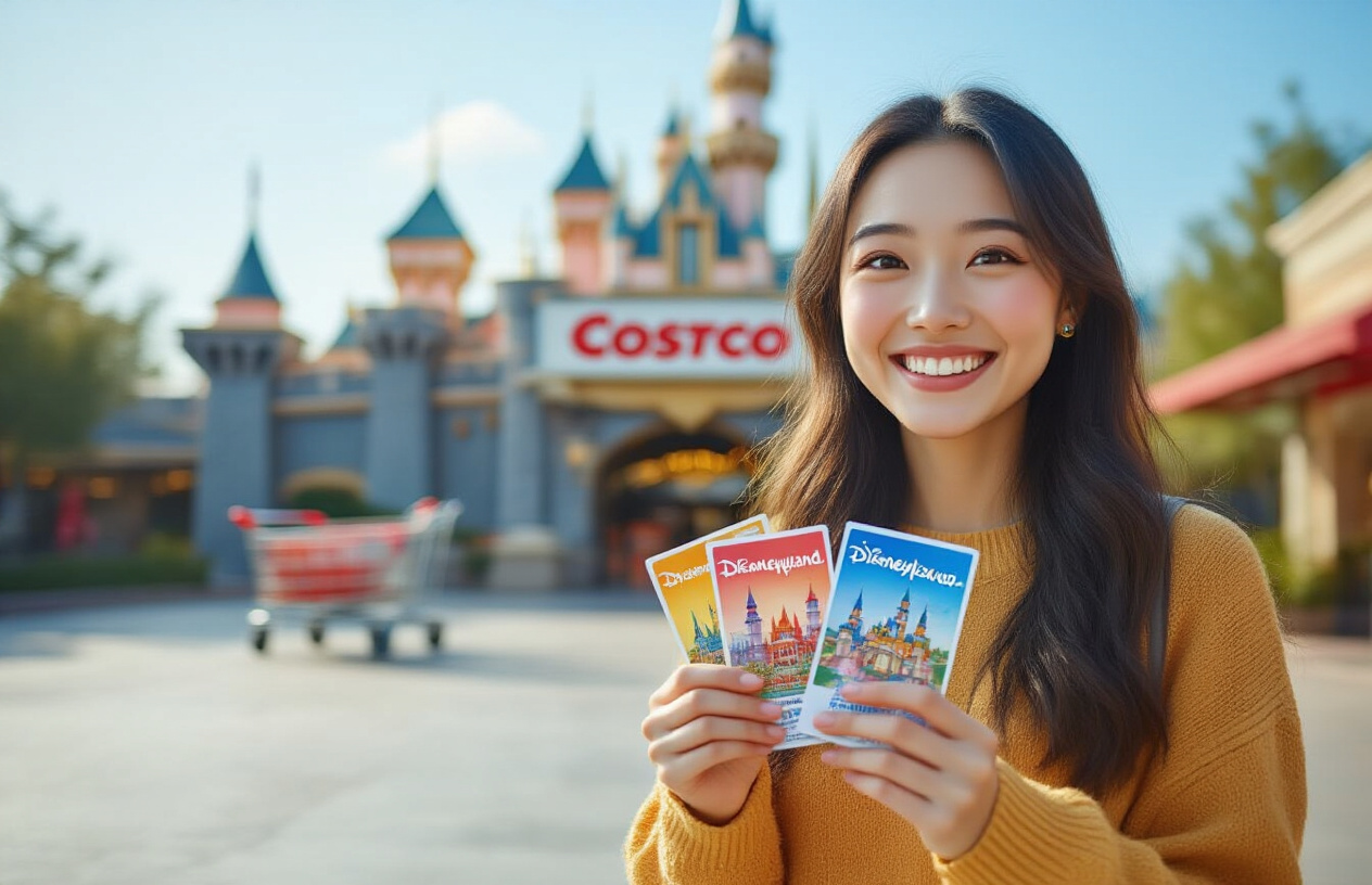Create a realistic image of a happy Asian female family member holding colorful Disneyland admission tickets in her hands while standing in front of a Costco warehouse store entrance, with the iconic Disneyland castle visible in the blurred background distance, bright sunny daytime lighting, shopping cart nearby, capturing a sense of excitement and successful savings, warm and cheerful atmosphere. Absolutely NO text should be in the scene.