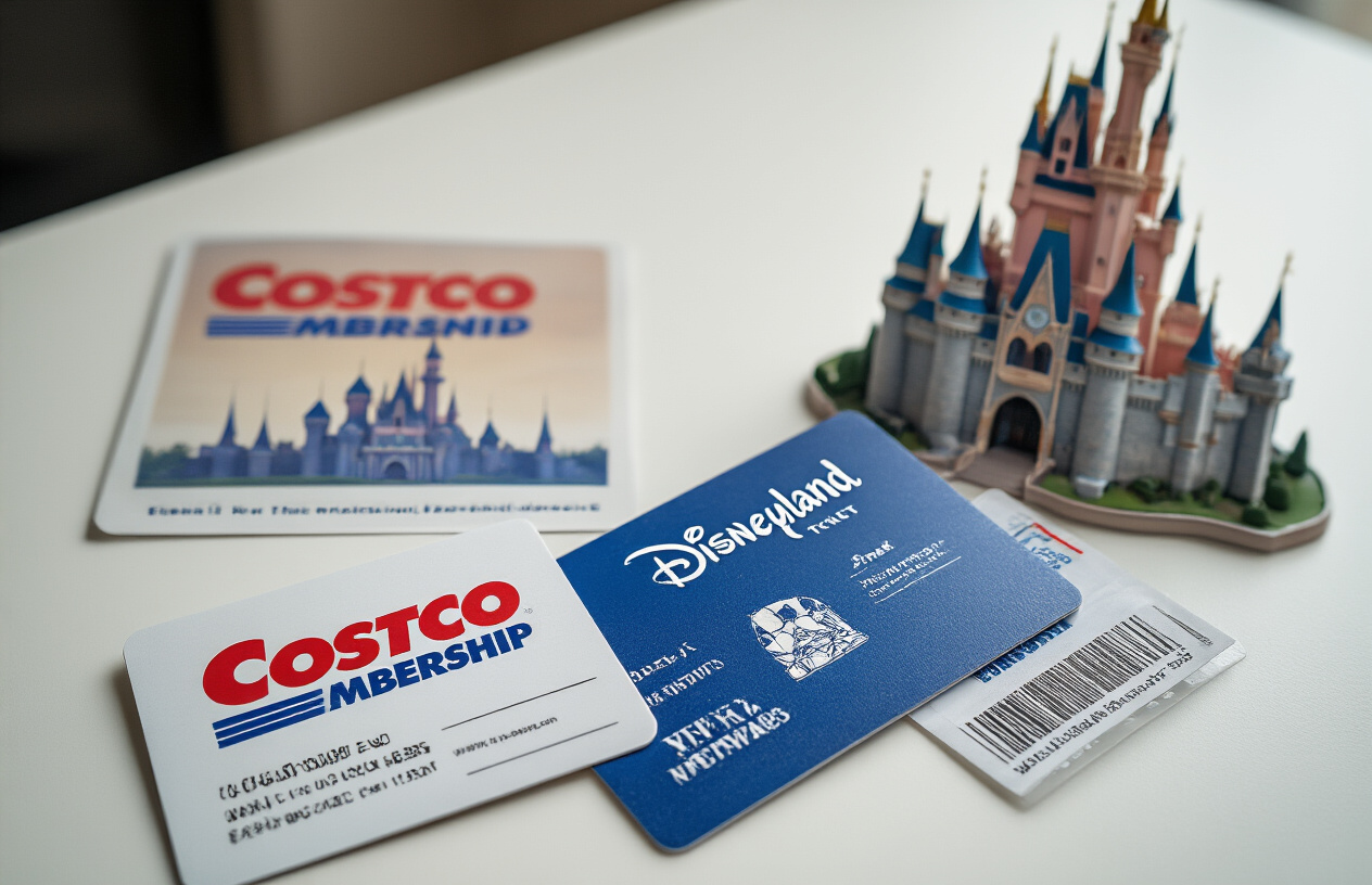 Create a realistic image of a Costco membership card and official Disneyland ticket vouchers laid out on a clean white table surface, with the iconic Costco logo visible on promotional materials nearby, Disney castle silhouette in soft focus in the background, bright natural lighting from above, showing the partnership between the two companies in a professional setting, Absolutely NO text should be in the scene.