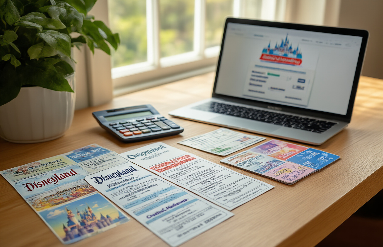 Create a realistic image of a clean wooden desk surface with multiple Disneyland ticket options spread out in an organized comparison layout, including colorful Disneyland park tickets, a Costco membership card, printed price comparison sheets, a calculator, and a laptop computer displaying ticket pricing websites, with soft natural lighting from a window creating a focused workspace atmosphere for making purchasing decisions, absolutely NO text should be in the scene.