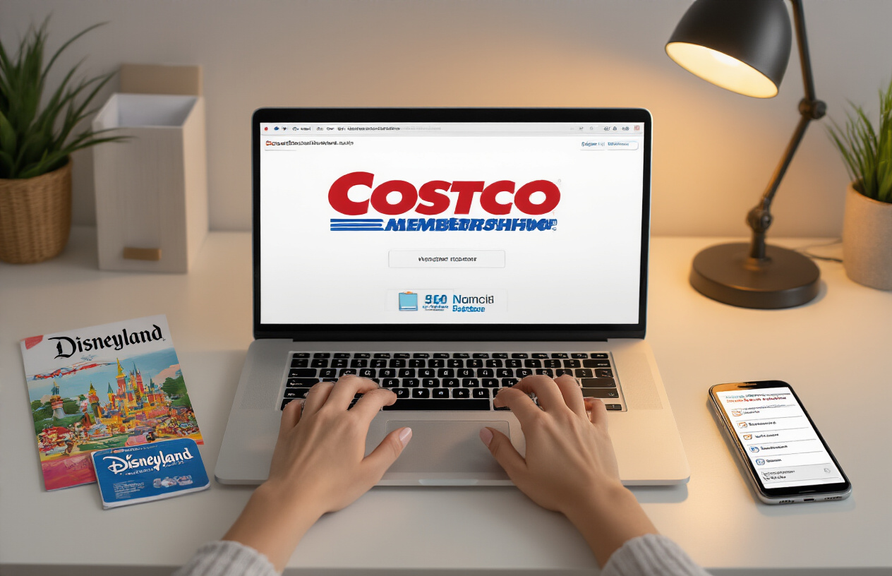 Create a realistic image of a white female sitting at a modern desk with a laptop computer open displaying the Costco website, with her hands positioned on the keyboard as if typing, a Costco membership card visible on the desk next to the laptop, colorful Disneyland brochures and ticket information scattered nearby, a smartphone showing a step-by-step checklist app, warm indoor lighting from a desk lamp, clean organized home office background with neutral walls, focused and concentrated mood suggesting someone following instructions carefully, absolutely NO text should be in the scene.