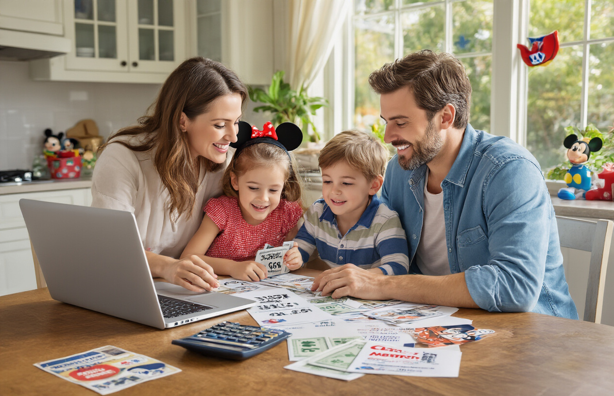 Create a realistic image of a family of four (white parents and two children) sitting at a kitchen table with a laptop open, calculator, and scattered papers showing dollar signs and percentage symbols, with Disneyland ticket vouchers and a Costco membership card visible on the table, bright natural lighting from a window, conveying a mood of careful planning and excitement about savings, with colorful Disney-themed elements like Mickey Mouse ears subtly placed in the background, absolutely NO text should be in the scene.