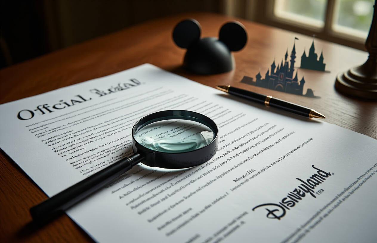 Create a realistic image of a close-up view of official legal documents and paperwork spread on a wooden desk surface, featuring contract pages with fine print text, a magnifying glass positioned over one of the documents highlighting small text details, a black pen lying beside the papers, and Disney-themed elements like Mickey Mouse ears silhouette and Disneyland castle icon subtly visible as watermarks or logos on the documents, with soft natural lighting from a window creating gentle shadows across the papers, conveying a serious and informative mood about reading important legal information, absolutely NO text should be in the scene.