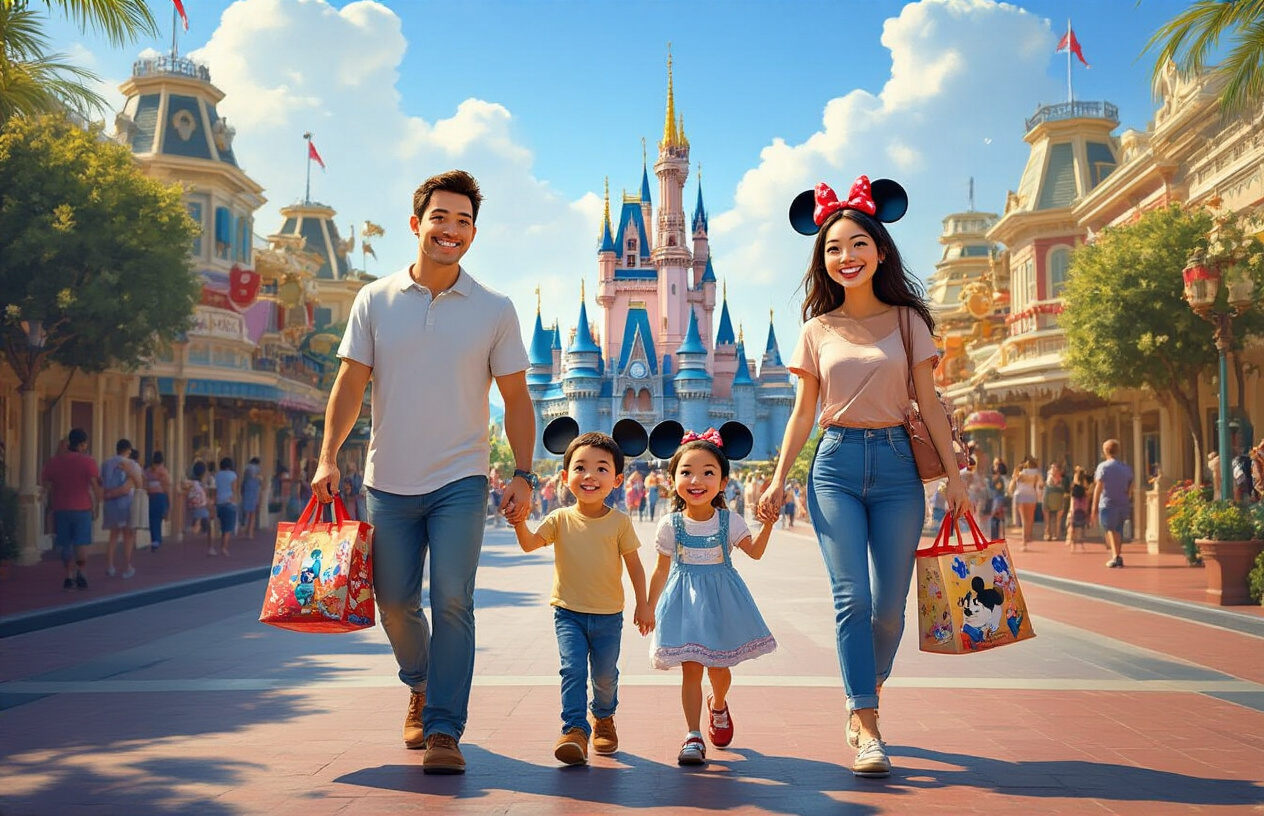 Create a realistic image of a happy diverse family with white father, Asian mother, and two children walking through Disneyland's Main Street USA, carrying Disney-themed bags and wearing Mickey Mouse ears, with Sleeping Beauty Castle visible in the background, bright sunny day with blue skies, cheerful atmosphere showing people enjoying attractions and Disney characters in the distance, palm trees and colorful Disney decorations surrounding the scene, absolutely NO text should be in the scene.