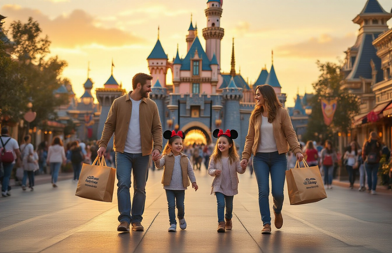 Create a realistic image of a family of four - two white adults and two children - walking happily through the iconic Disneyland entrance with Sleeping Beauty Castle visible in the background, carrying Costco shopping bags alongside Disney merchandise bags, with golden hour lighting creating a warm and successful conclusion atmosphere, surrounded by other diverse families enjoying the park, with Mickey Mouse ears visible on some family members, capturing the satisfaction of having successfully saved money while enjoying the magical Disney experience, absolutely NO text should be in the scene.