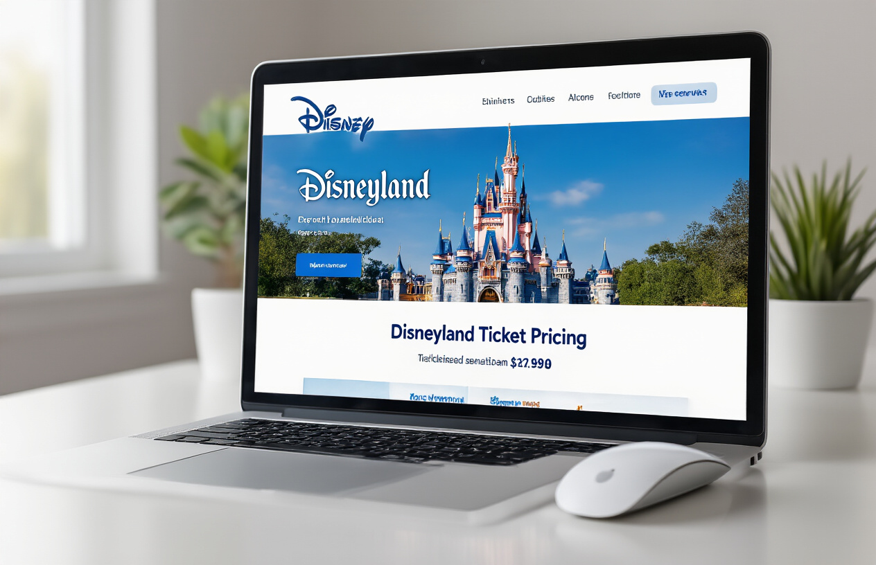 Create a realistic image of a computer screen displaying the official Disney website with Disneyland ticket pricing information, showing a clean modern web interface with Disney's characteristic blue and white color scheme, featuring the iconic Disneyland castle image in the background of the webpage, with a wireless mouse positioned next to the laptop on a clean white desk surface, soft natural lighting coming from the left side creating a professional atmosphere, absolutely NO text should be in the scene.