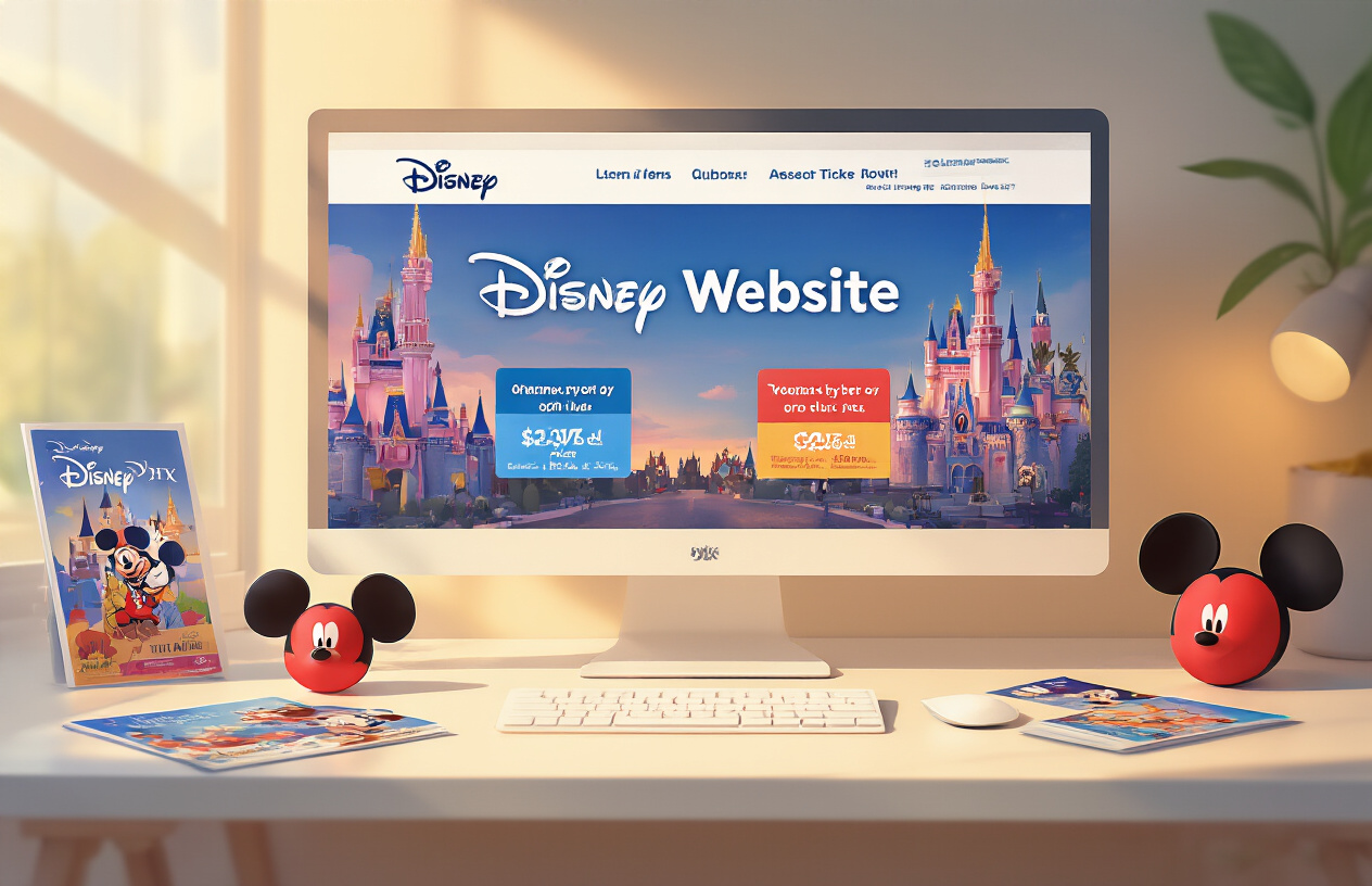 Create a realistic image of a computer screen displaying Disney's official website with colorful promotional banners and ticket purchasing options, surrounded by Disney-themed elements like Mickey Mouse ears, castle silhouettes, and promotional brochures on a clean desk surface, with warm ambient lighting creating a welcoming atmosphere for online ticket shopping, absolutely NO text should be in the scene.