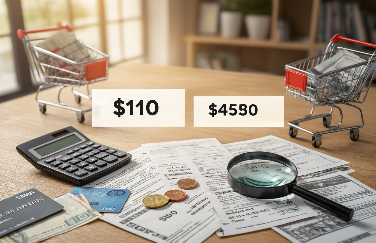 Create a realistic image of a split-screen comparison showing two pricing scenarios, with a calculator and scattered receipts on a wooden desk surface, magnifying glass hovering over small print on documents, credit cards and cash partially visible, shopping cart icons and price tags in the background, warm office lighting creating subtle shadows, professional business atmosphere suggesting careful financial analysis and cost comparison, Absolutely NO text should be in the scene.